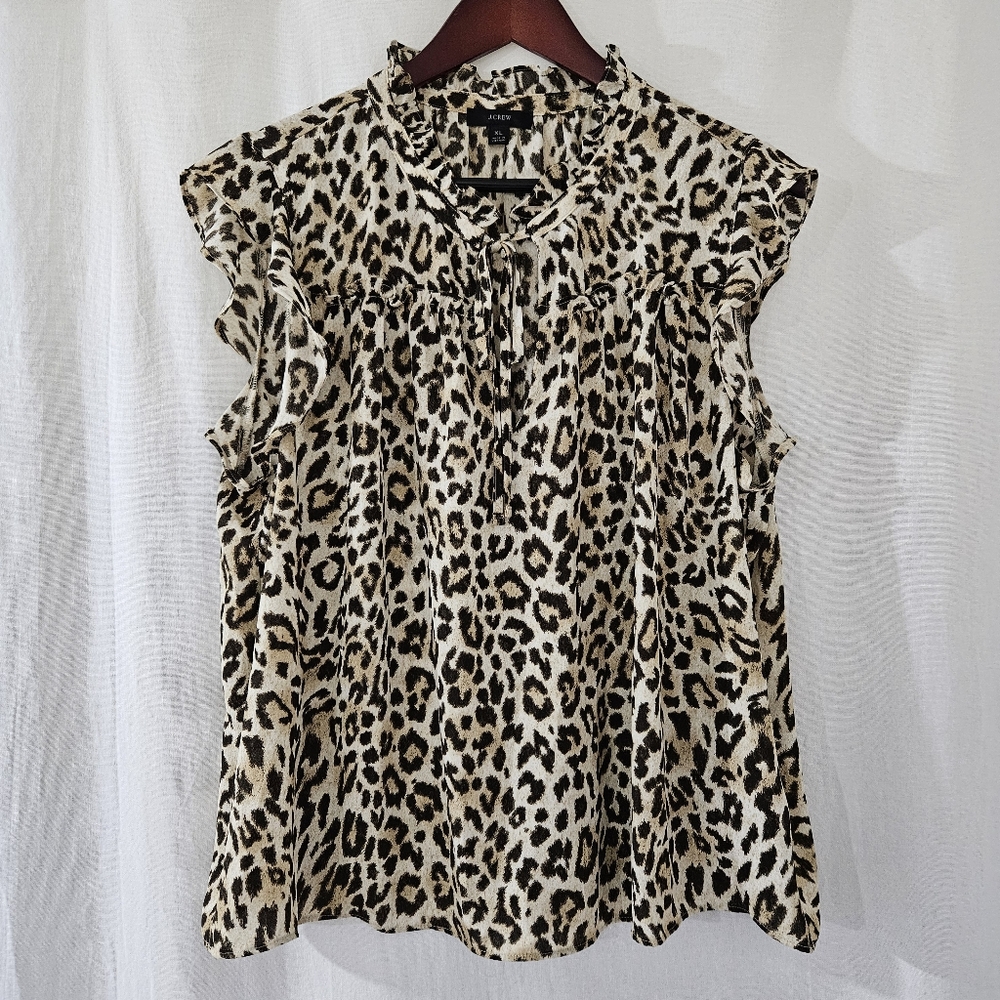 NWOT J. Crew Ruffle Tie-Neck Leopard Print Sleeveless Blouse Women's Size XL